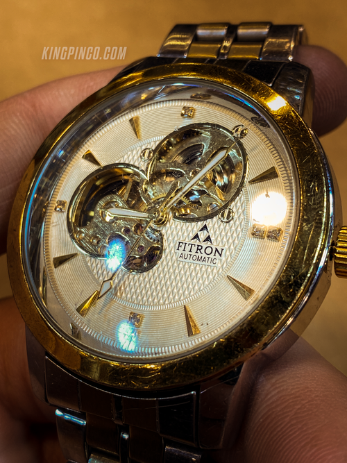 Fitron Automatic Open-Heart Watch – Gold Bezel, White Dial